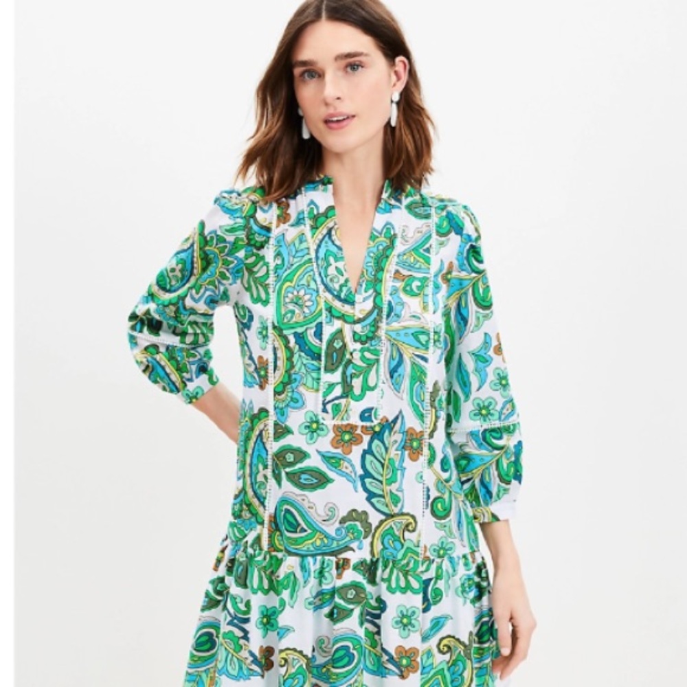 Ann Taylor Green Paisley Long Sleeve Dress